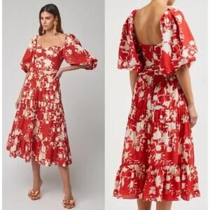 Johanna Ortiz Beautiful Chaos Dress 0 Red Cream Puff Sleeve Midi Floral